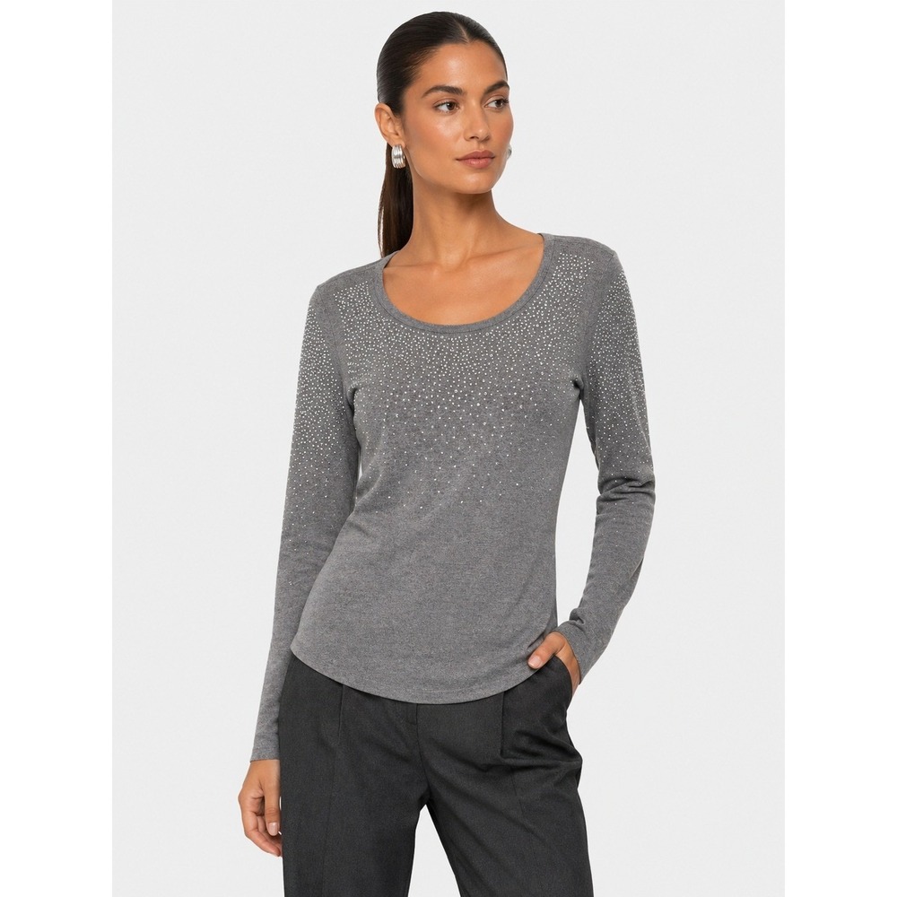 Vocal USA Gray Rhinestone Embellished Long Sleeve Scoop Neck Top S